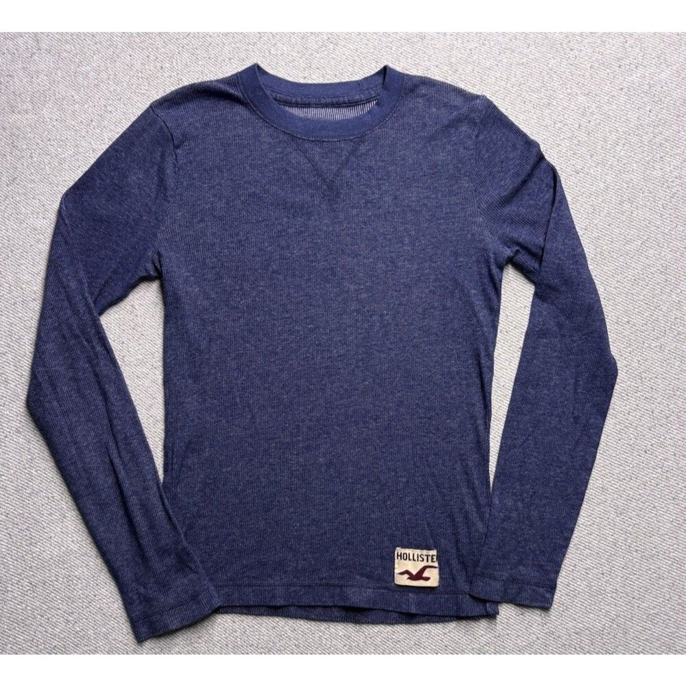 Y2K Hollister Long Sleeve Thermal Shirt Mens Small Blue Ribbed Waffle Knit